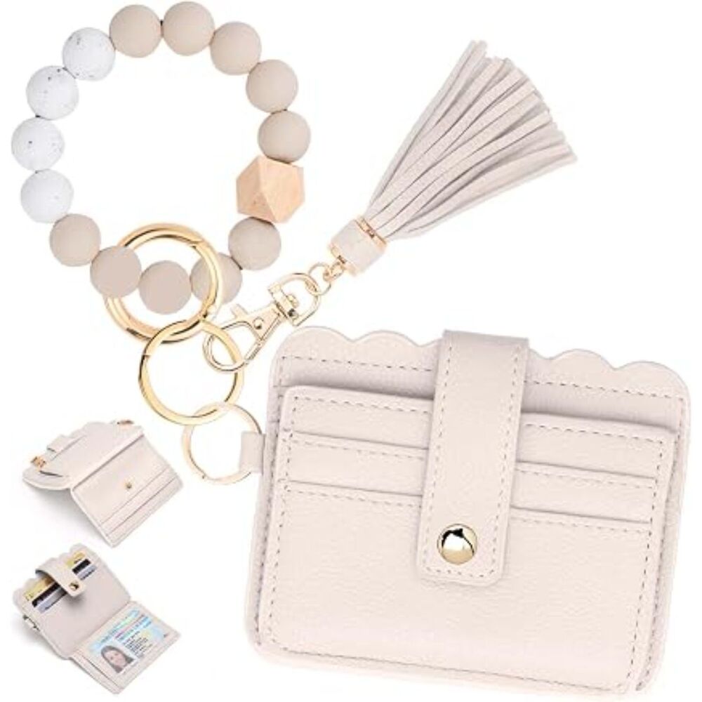Lostars Wallet Keychain Wristlet for Women RFID Blocking Card Holder Beige